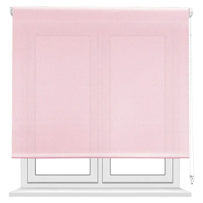 Estor enrollable screen 5% - An x Al: 90 x 250 cm, Rosa - Primer plano de un estor rosa en una ventana, que filtra suavemente la luz y crea un ambiente sereno.