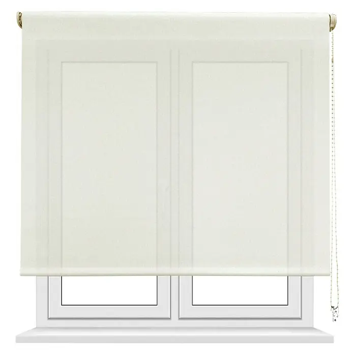Estor enrollable screen 10% - An x Al: 135 x 190 cm, Blanco lino - Estor enrollable frente a una ventana, parcialmente bajado, hecho de tela ligeramente transparente, con un cordón lateral. Ofrece privacidad y control de la luz.
