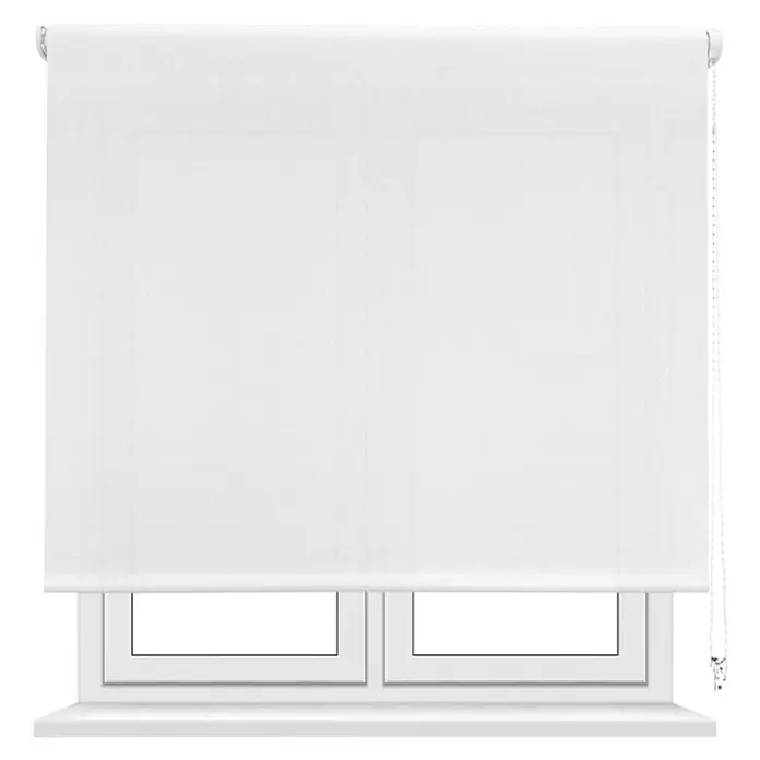 Estor enrollable screen 1% - An x Al: 165 x 250 cm, Blanco - Persianas blancas que cubren completamente la ventana, con el cordón de tracción bajado. Decoración interior de ventana.