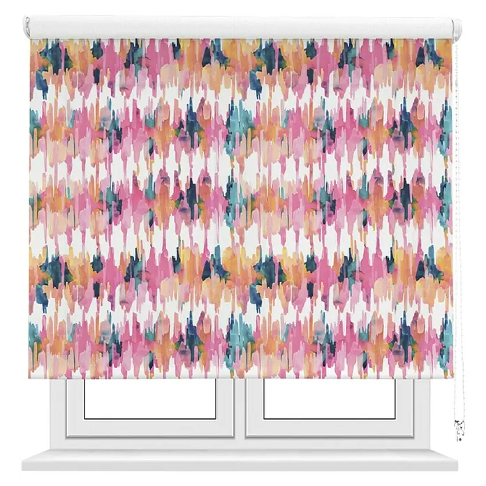 Estor enrollable Abstracto - An x Al: 135 x 190 cm, Rosa - Estor enrollable colorido con un patrón abstracto. El estor está montado sobre un marco de ventana blanco, dejando entrar la luz en la habitación.