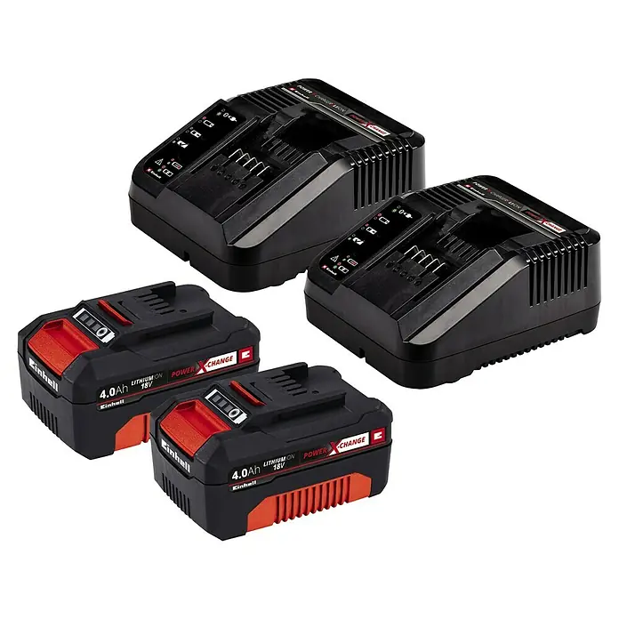 Einhell Power X-Change 18V Akku-Rasenmäher GE-CM 36/43 Li M - 18 V, 2 Akkus, 4 Ah, Schnittbreite: 43 cm - Ein Set aus zwei Einhell Power X-Change 4.0Ah 18V Akkus und zwei Ladegeräten, ideal für kabellose Werkzeuge und Gartengeräte.
