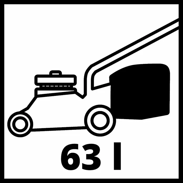 Einhell Power X-Change 18V Akku-Rasenmäher GE-CM 36/43 Li M - 18 V, 2 Akkus, 4 Ah, Schnittbreite: 43 cm - Symbol für einen Rasenmäher mit einem Grasfangkorb, der ein Volumen von 63 Litern fasst.\n