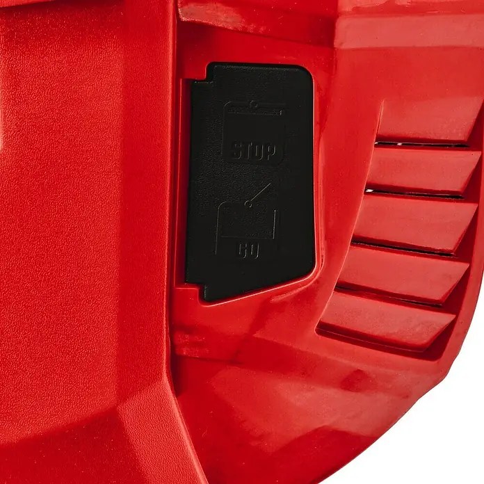 Einhell Power X-Change 18V Akku-Rasenmäher GE-CM 36/43 Li M - 18 V, 2 Akkus, 4 Ah, Schnittbreite: 43 cm - Detailaufnahme eines roten Geräts mit einem schwarzen Schalter mit "STOP" und "GO" Markierungen.
