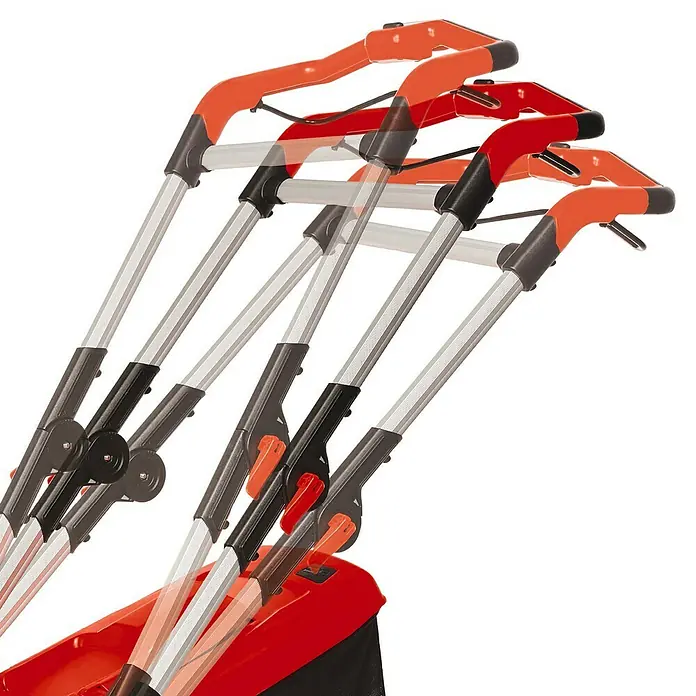 Einhell Professional Power X-Change 18V Akku-Rasenmäher GP-CM 36/41 Li - 18 V, 2 Akkus, 4 Ah, Schnittbreite: 41 cm - Detailansicht der verstellbaren Griffe eines roten Rasenkehrers, die Flexibilität und Komfort bei der Gartenarbeit bieten.