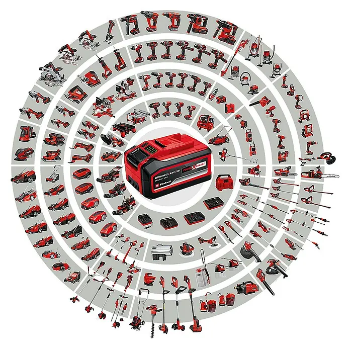 Einhell Professional PXC 18V Taladro atornillador percutor de batería TE-CD 18/50 Li-i BL - 18 V, 2 baterías, 2 Ah - 4 Ah, 50 Nm - Una batería Einhell Power X-Change rodeada de una variedad de herramientas eléctricas Einhell rojas y negras.