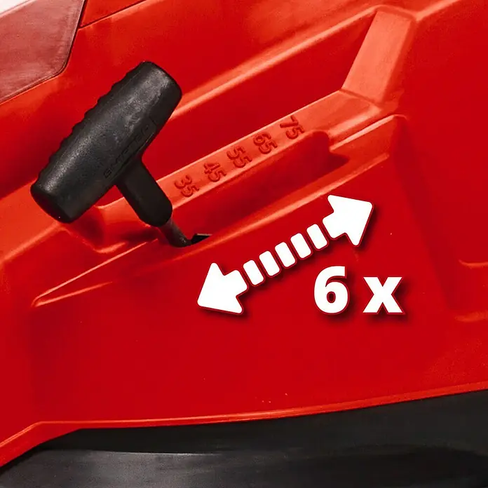Einhell Professional Power X-Change 18V Akku-Rasenmäher GP-CM 36/41 Li - 18 V, 2 Akkus, 4 Ah, Schnittbreite: 41 cm - Detailansicht eines roten Rasenmähers mit einem schwarzen Griff zur Schnitthöhenverstellung und einem Pfeil, der die 6-stufige Verstellung anzeigt.