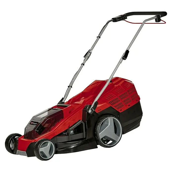 Einhell Power X-Change 18V Akku-Rasenmäher GE-CM 36/43 Li M - 18 V, 2 Akkus, 4 Ah, Schnittbreite: 43 cm - Ein roter und schwarzer Einhell Akku-Rasenmäher mit silbernen Griffen und grauen Rädern vor schwarzem Hintergrund.