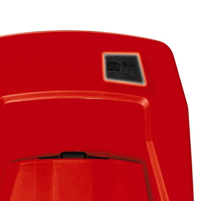Einhell Professional Power X-Change 18V Akku-Rasenmäher GP-CM 36/41 Li - 18 V, 2 Akkus, 4 Ah, Schnittbreite: 41 cm - Detailansicht eines roten Einhell-Geräts, das den "Stop"-Knopf und andere Bedienelemente zeigt, wobei der Fokus auf der Funktionalität und dem Design liegt.
