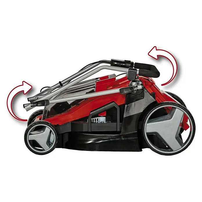 Einhell Power X-Change 18V Akku-Rasenmäher GE-CM 36/43 Li M - 18 V, 2 Akkus, 4 Ah, Schnittbreite: 43 cm - Zusammengeklappter Einhell Rasenmäher mit roten und schwarzen Akzenten, der eine kompakte Lagerung ermöglicht.