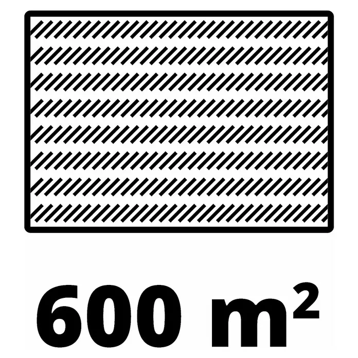 Einhell Power X-Change 18V Akku-Rasenmäher GE-CM 36/43 Li M - 18 V, 2 Akkus, 4 Ah, Schnittbreite: 43 cm - Symbol für eine Fläche von 600 m², ideal für Baupläne oder Immobilienangebote, mit deutlicher Größenangabe.