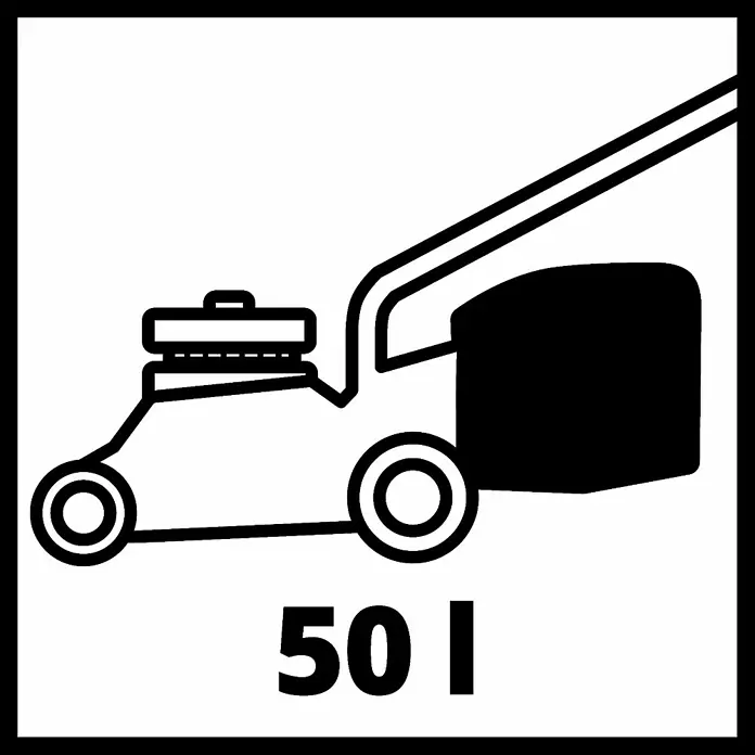 Einhell Professional Power X-Change 18V Akku-Rasenmäher GP-CM 36/41 Li - 18 V, 2 Akkus, 4 Ah, Schnittbreite: 41 cm - Abbildung eines Rasenmähers mit einem Fangkorbvolumen von 50 Litern, dargestellt in Schwarz und Weiß.