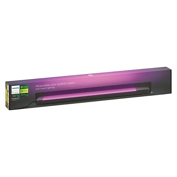 Philips Hue LED-Außenleuchte Amarant - Farbe Gehäuse: Schwarz, IP65, 20 W - Nahaufnahme der Verpackung eines Philips Hue LED-Lichtstreifens für den Außenbereich.