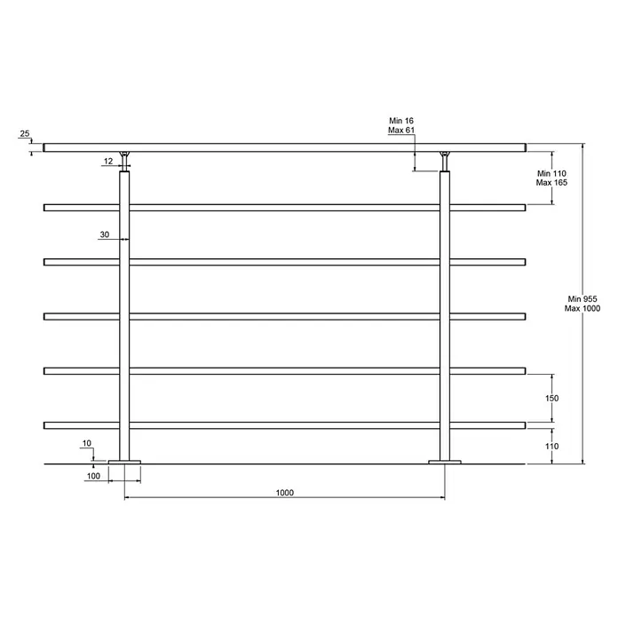 Dolle Geländer-Set PS 300 - Oberbodenmontage, Aluminium, Dark Grey, Eckig, Länge: 150 cm - Produktbild eines beheizten Handtuchhalters mit Maßangaben, geeignet für Badezimmer.