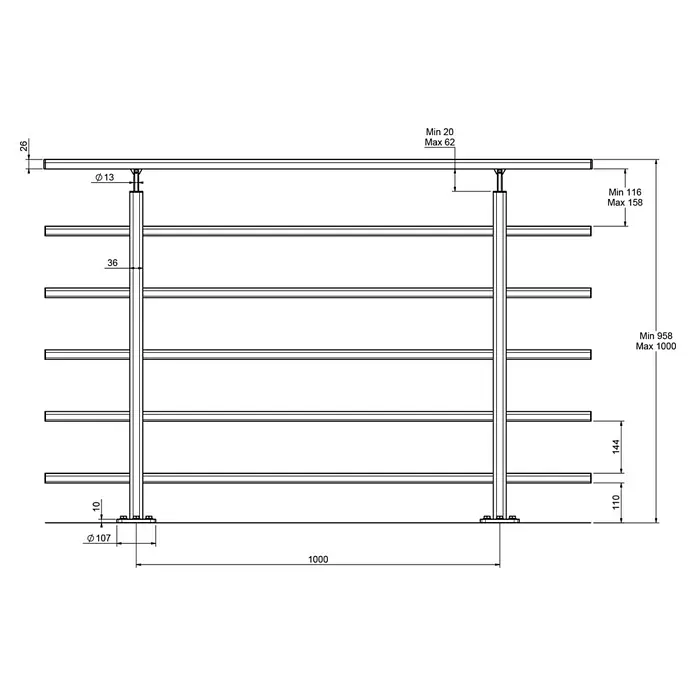 Dolle Geländer-Set PS 200 - Oberbodenmontage, Aluminium, Dark Grey, Länge: 150 cm - Eine technische Zeichnung eines Handtuchwärmers mit Maßangaben für Design und Installation.