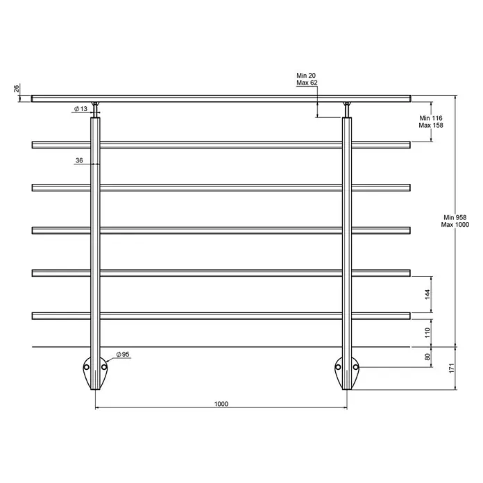 Dolle Geländer-Set PS 201 - Seitenmontage, Aluminium, Dark Grey, Länge: 150 cm - Eine technische Zeichnung eines Handtuchwärmers mit genauen Maßangaben.