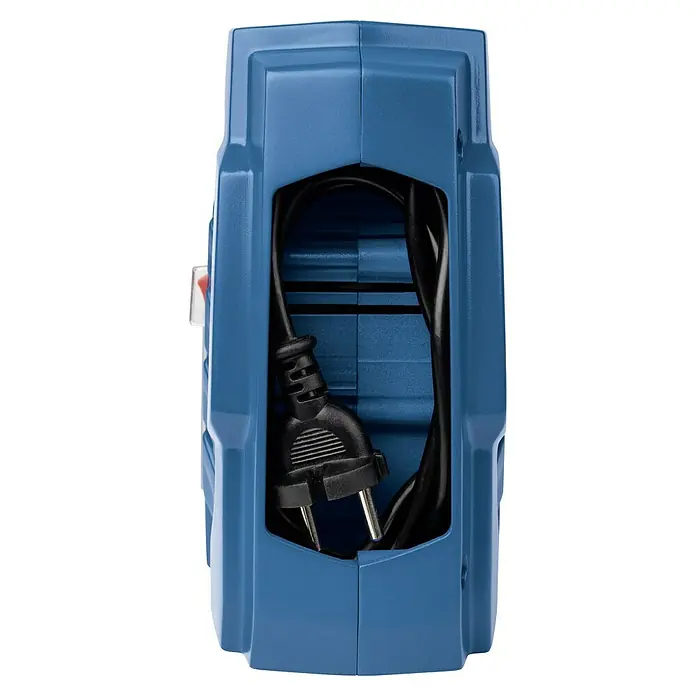 Scheppach Kompressor Air Force 5 - Max. Druck: 8 bar - Nahaufnahme eines blauen Gerätes mit einem gewickelten, schwarzen Kabel und Stecker in einer Aussparung.