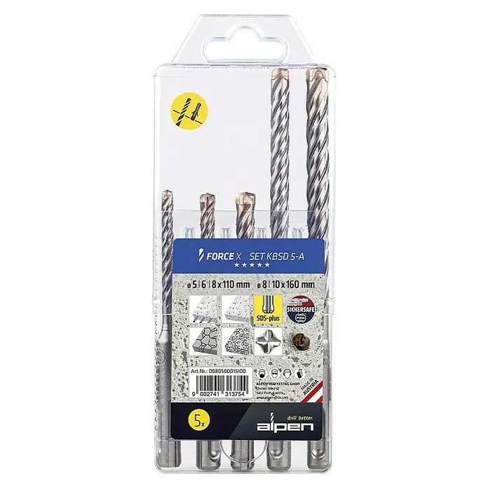 Alpen Beton- & Steinbohrer Force X KBSD 5 - Gesamtumfang: 5 -tlg., Durchmesser Bohrer: 10 mm - Ein Set von Alpen Force X Steinbohrern KBSD 5-A, bestehend aus fünf Bohrern unterschiedlicher Größen, ideal für Betonarbeiten.
