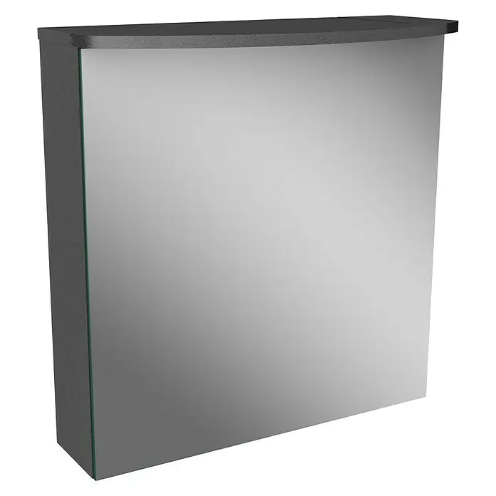 Camargue Swing LED-SpiegelschrankB x H: 60 x 70,5 cm, Mit Beleuchtung, DIN Anschlag: Links, Grafit, Glas - Bild eines grauen Spiegelschranks mit abgerundeten Kanten, der sich ideal für Badezimmer eignet und Stauraum bietet.