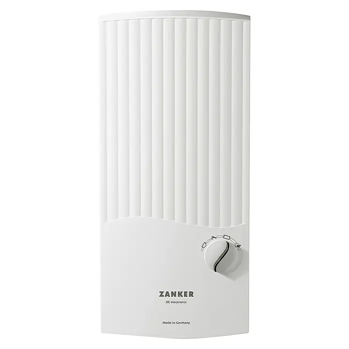 Zanker Durchlauferhitzer DE 24 EL - 24 kW, Elektronisch, Geschlossen - Nahaufnahme eines weißen Zanker DE electronic Warmwasserbereiters mit vertikal geripptem Design und Temperaturregler.