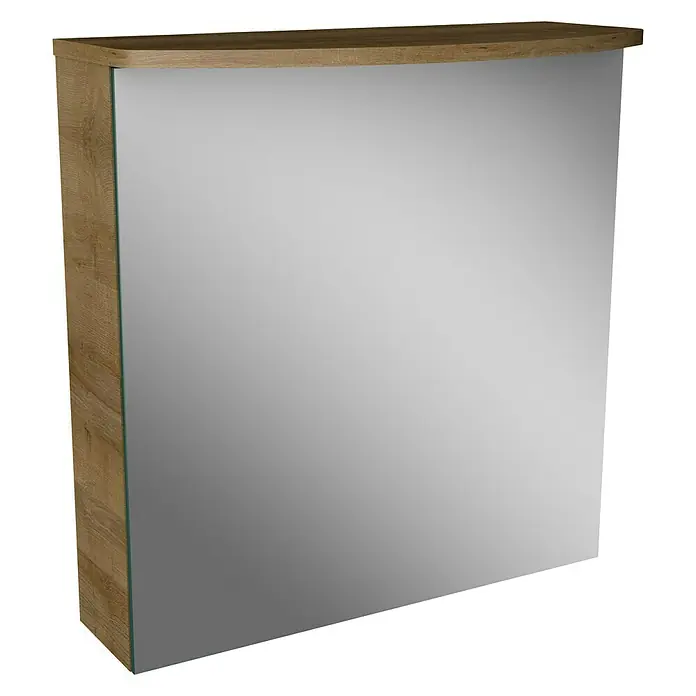 Camargue Swing Badmöbel-Set SW621B - Gesamtbreite Badmöbel: 60 cm, Berg Eiche, Matt, 3 -tlg. - Nahaufnahme eines Spiegelschranks mit Holzrahmen. Der Schrank bietet Stauraum und ist ein praktisches Badmöbel.