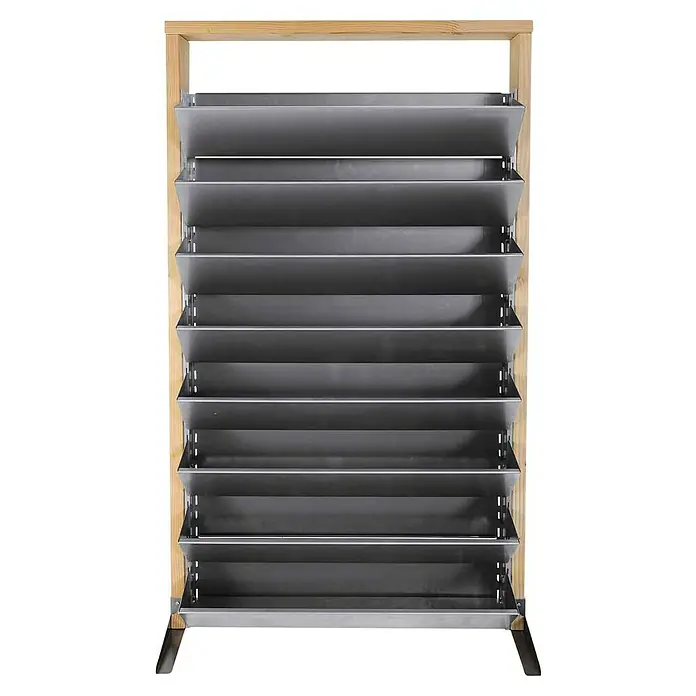 Bellissa Hochbeet Inalto L8 - 100 x 32 x 180 cm, Stahl, Hellbraun/Silber - Nahaufnahme eines Regaleinsatzes aus Metall mit Holzrahmen, der eine praktische und stabile Lösung für die Lagerung bietet.
