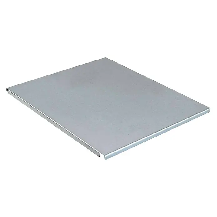 Bellissa Fachboden Filo - L x B: 27 x 30 cm, Silber - Ein graues, rechteckiges Metallfach auf einem schwarzen Hintergrund. Ideal für Lagerung und Organisation von Gegenständen.