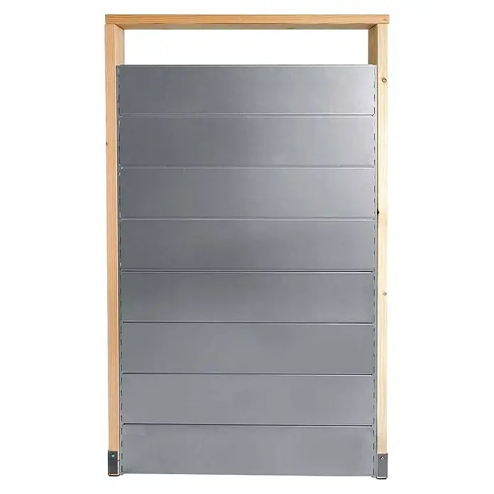 Bellissa Hochbeet Inalto L8 - 100 x 32 x 180 cm, Stahl, Hellbraun/Silber - Graue Lamellentür mit Holzrahmen. Diese moderne Tür bietet Privatsphäre und Stil für jeden Raum, ideal für Schränke oder Raumteiler.