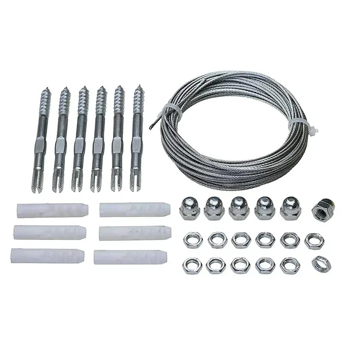 Bellissa Rankhilfe Seilspann Set Spago - Stahl, Länge: 10 m - Hier ist ein Set mit Kabeln, Schrauben und Dübeln für verschiedene Befestigungszwecke. Ideal für Heimwerkerprojekte.