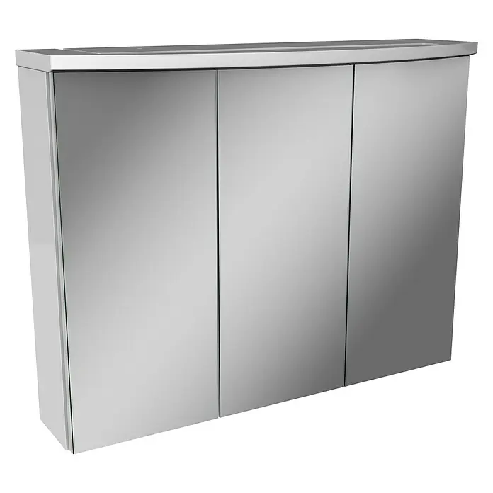 Camargue Swing LED-Spiegelschrank - B x H: 80 x 70,5 cm, Mit Beleuchtung, Weiß - Ein dreitüriger Spiegelschrank mit abgerundeter Oberseite und silberfarbenem Rahmen bietet viel Stauraum und ein modernes Design fürs Bad.