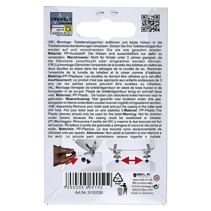 WC-Sitz-Stabilisator - Kunststoff - Bild der Verpackung von DREIFELD Toilettensitzbefestigungen, hergestellt aus PP-Kunststoff, mit Montageanleitung und Warnhinweisen.