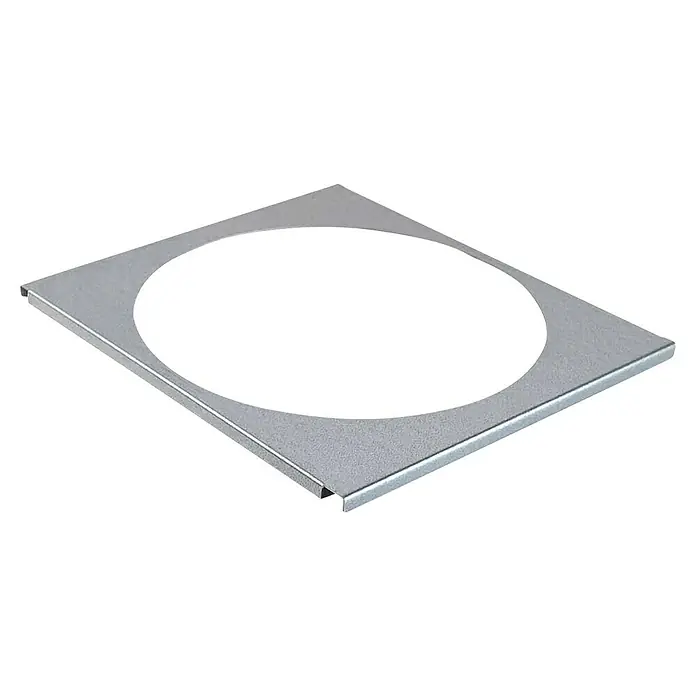 Bellissa Fachboden Filo 250 - L x B: 27 x 30 cm, Silber - Ein quadratischer, silberner Ring aus Metall mit einer runden Aussparung in der Mitte, ideal für verschiedene Installationszwecke.