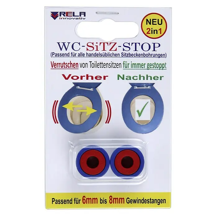 WC-Sitz-Stabilisator - Kunststoff - Bild einer WC-Sitz-Stop-Verpackung, die das Verrutschen von Toilettensitzen verhindert und für Gewindestangen von 6 bis 8 mm geeignet ist.
