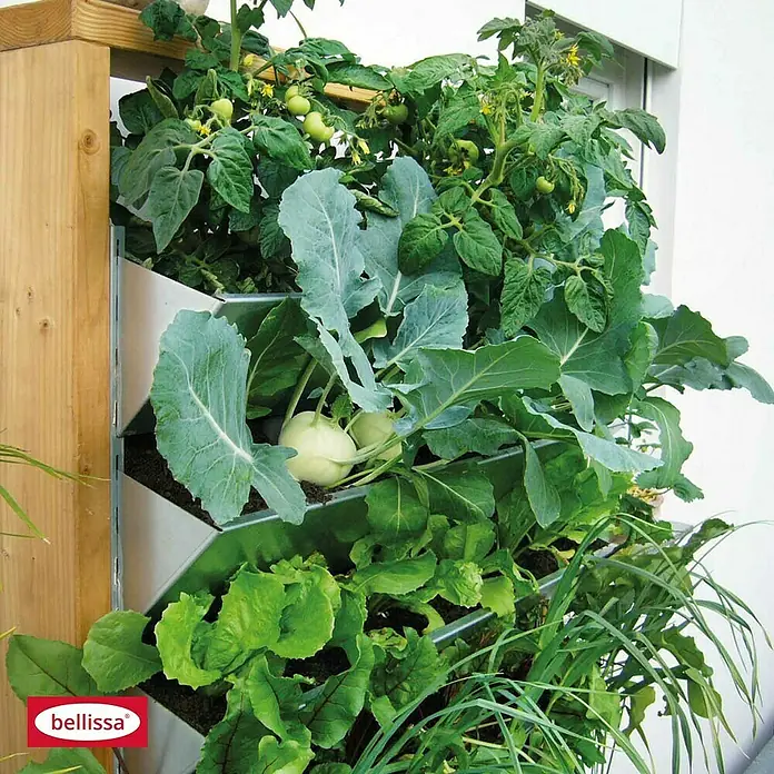 Bellissa Hochbeet Inalto L8 - 100 x 32 x 180 cm, Stahl, Hellbraun/Silber - Vertikaler Garten mit Tomaten, Kohlrabi und Salat. Der Anbau ist platzsparend und dekorativ.