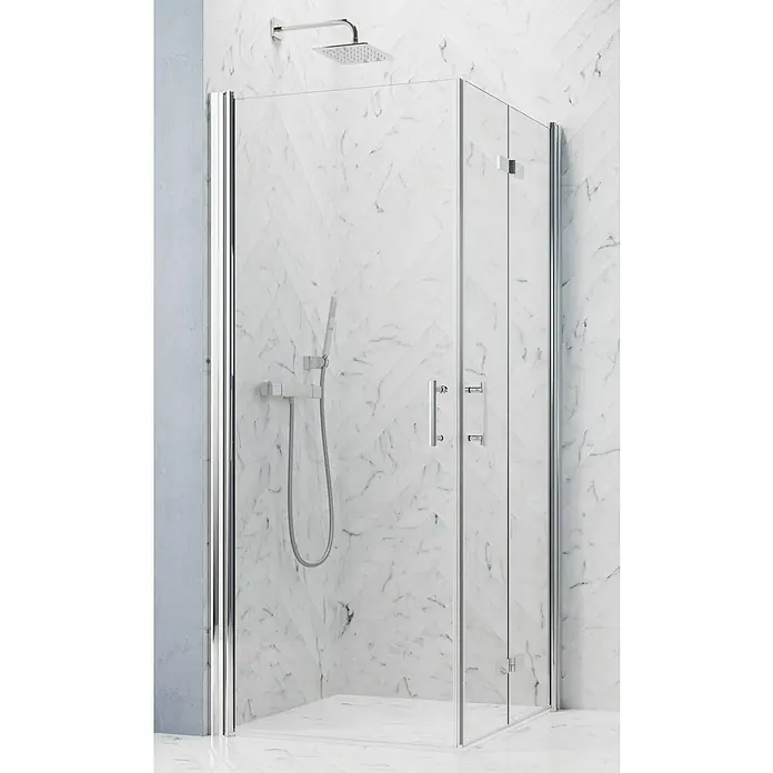 GEO Hit Pro Eckdusche B-PE140 - 100 x 90 x 202,2 cm, Beschichtet, Chrom, Glasstärke: 6 mm - Nahaufnahme einer stilvollen, modernen Duschkabine mit klaren Glaswänden und Chrombeschlägen.