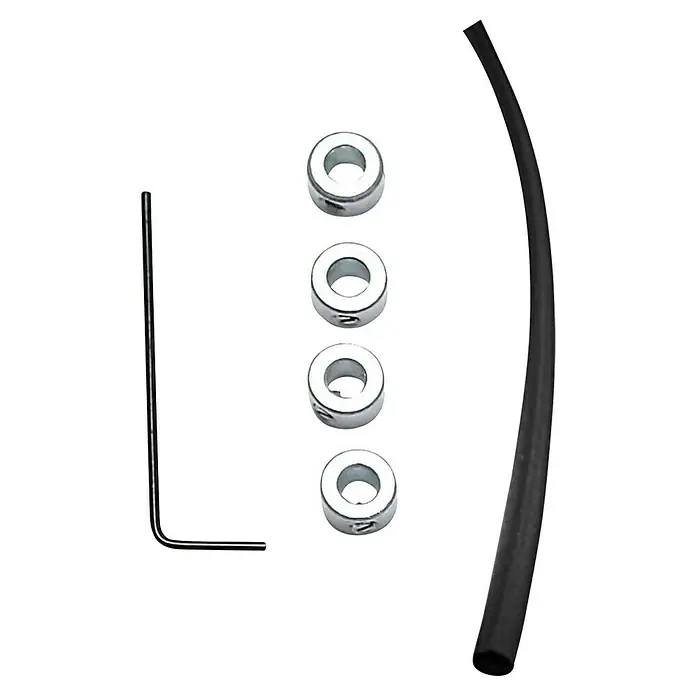 Bellissa Stellring Set Hängegarten Filo4 Stk. - Dieses Bild zeigt ein Set mit einem Inbusschlüssel, vier Metallringen und einem schwarzen Gummirohr. Perfekt für Heimwerker und Reparaturen.