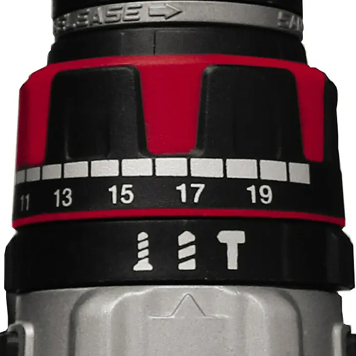 Einhell Professional Power X-Change 18V Akku-Schlagbohrschrauber TP-CD 18/50 Li-i BL - 18 V, 2 Akkus, 2 Ah - 4 Ah, 50 Nm - Detailansicht des Drehmomentreglers eines Akkuschraubers mit rotem Ring und Zahlen von 11 bis 19 zur Einstellung des Drehmoments.