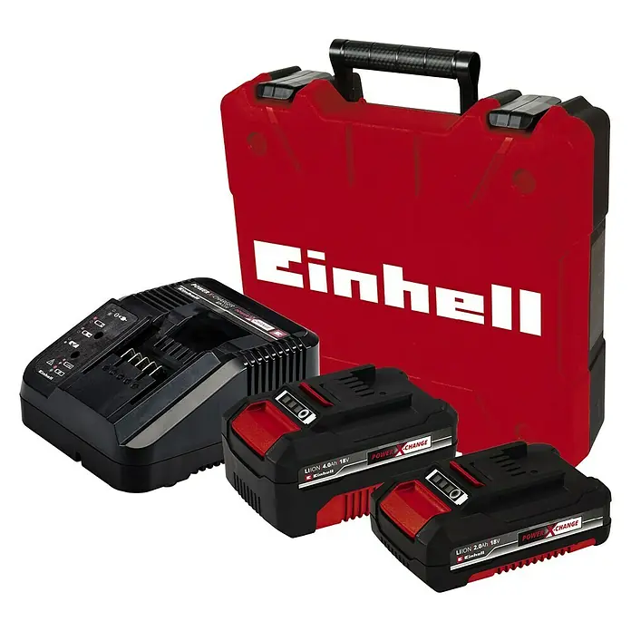 Einhell Professional Power X-Change 18V Akku-Schlagbohrschrauber TP-CD 18/50 Li-i BL - 18 V, 2 Akkus, 2 Ah - 4 Ah, 50 Nm - Einhell Power X-Change Akku-Set mit Ladegerät und zwei Akkus (4.0Ah und 2.0Ah) in einem roten Werkzeugkoffer für flexible Anwendungen.