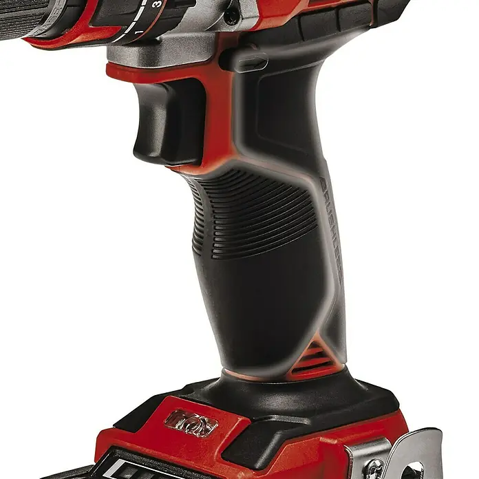 Einhell Professional Power X-Change 18V Akku-Schlagbohrschrauber TP-CD 18/50 Li-i BL - 18 V, 2 Akkus, 2 Ah - 4 Ah, 50 Nm - Nahaufnahme des schwarzen und roten Akku-Bohrschraubers mit ergonomischem Griff.