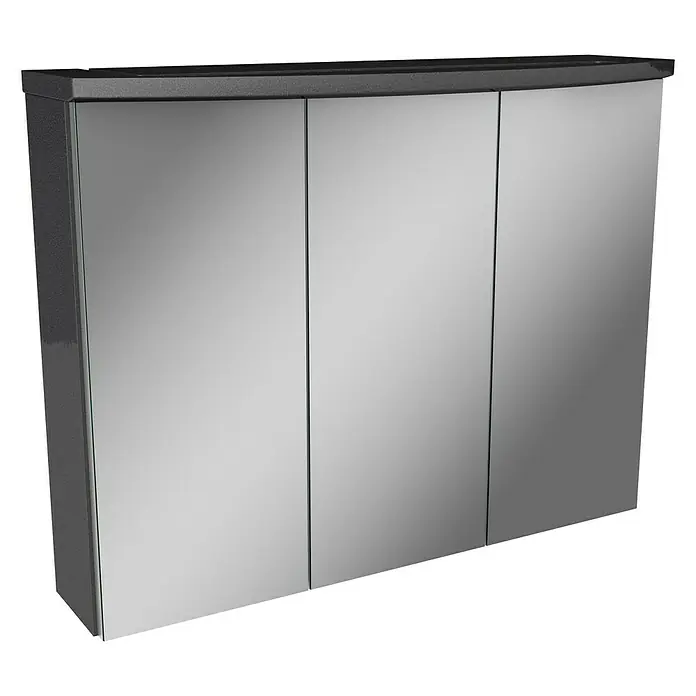 Camargue Swing Badmöbel-Set SW820G - Gesamtbreite Badmöbel: 80 cm, Grafit, Hochglänzend, 3 -tlg. - Ein dreitüriger Spiegelschrank mit einem dunklen Rahmen, der ein modernes und stilvolles Design bietet. Ideal für Badezimmer.