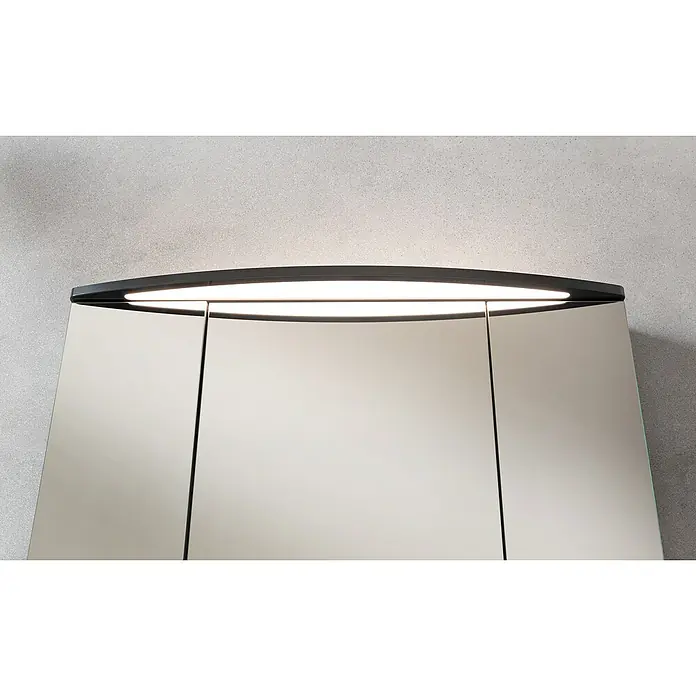 Camargue Swing K Badmöbel-Set BC4 - Gesamtbreite Badmöbel: 120 cm, Grafit, Glänzend, 4 -tlg. - Eleganter Spiegelschrank mit integrierter Beleuchtung für ein modernes Badezimmer. Die klare Form und das dezente Licht sorgen für eine angenehme Atmosphäre.