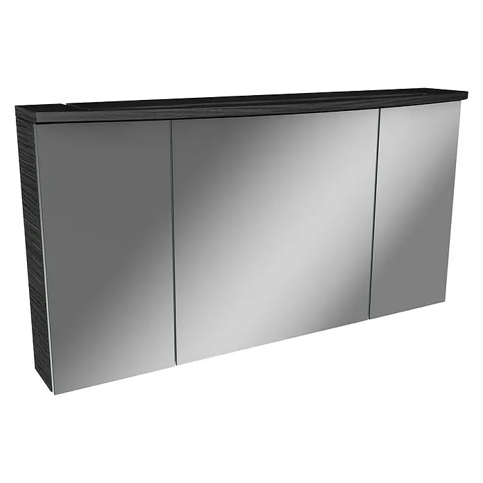 Camargue Badmöbel-Set - Dark Oak, Matt, 120 cm, 3 -tlg., 21,6 W - Ein moderner Spiegelschrank mit drei Türen und einer dunklen Holzoberfläche, ideal für Badezimmeraufbewahrung und stilvolles Design.