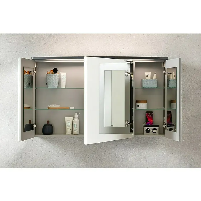 Camargue Swing K Badmöbel-Set BC4 - Gesamtbreite Badmöbel: 120 cm, Grafit, Glänzend, 4 -tlg. - Badezimmerschrank mit Spiegeltüren und LED-Beleuchtung. Der Schrank bietet Stauraum mit Glasböden für Kosmetik und Pflegeprodukte.