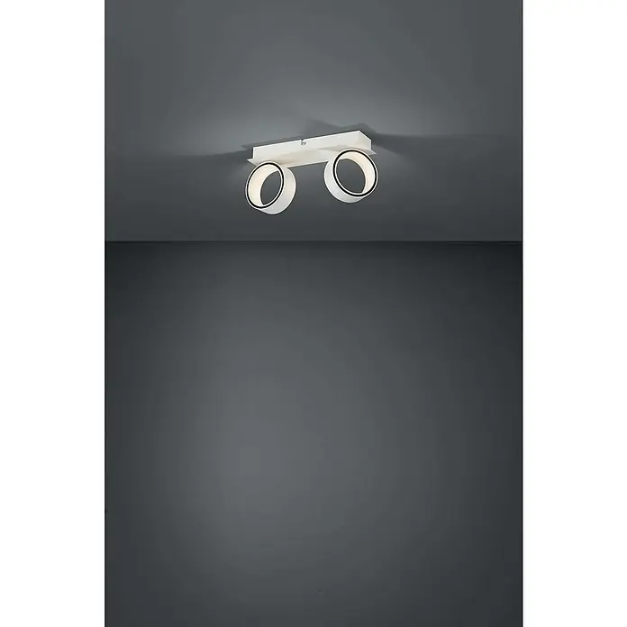 Eglo LED-Deckenstrahler Albariza - 9,2 W, Warmweiß - Moderne Deckenleuchte mit zwei runden, weißen Leuchten und schwarzem Akzent auf grauem Hintergrund.