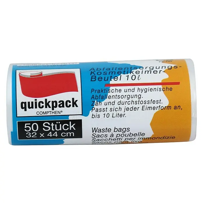 Quickpack Müllbeutel - Fassungsvermögen: 10 l, 50 Stk., Transparent - Abfallbeutel "quickpack" für Kosmetikeimer, 10 Liter, 50 Stück, 32 x 44 cm – praktisch, hygienisch und reißfest für jede Eimerform bis 10 Liter.