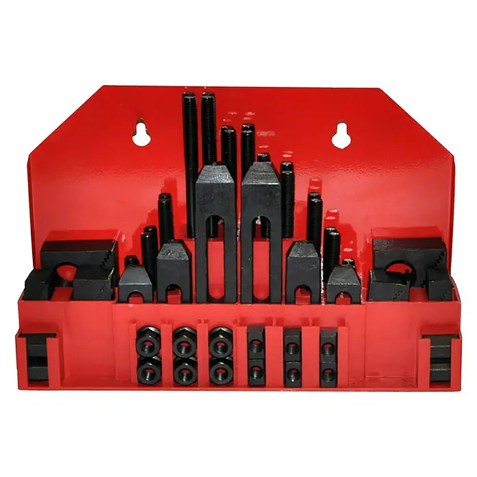 Rotwerk Spannpratzen-Set - 41 -tlg. - Ein rotes, geordnetes Set mit Spannpratzen, Schrauben und Muttern für Werkstattarbeiten, ideal für präzises Spannen.