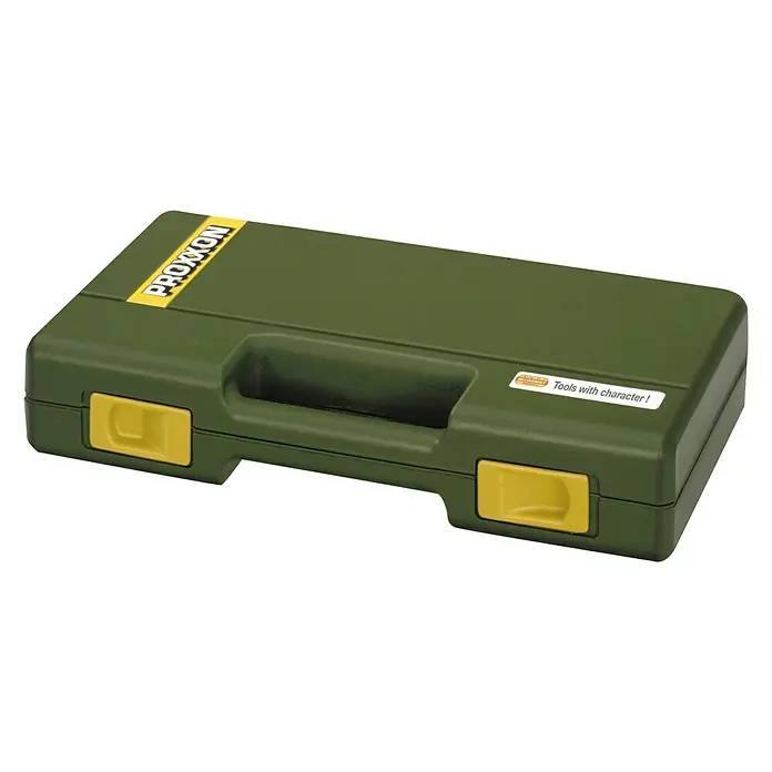 Proxxon Micromot Modellbau- & Gravier-Set 60 E - 40 W - Grüne Proxxon Werkzeugkiste mit gelben Akzenten. Ideal zur Aufbewahrung und zum Transport von Werkzeugen. Robustes Design.