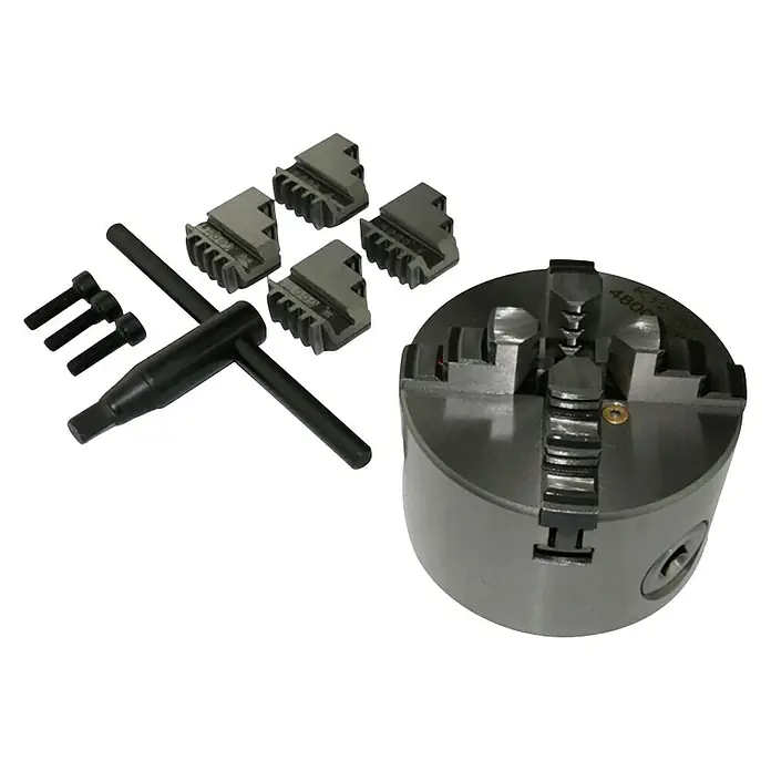 Rotwerk Backenfutter - Geeignet für: Drehmaschinen mit Kurzzylinder-Aufnahme mit 55 mm Pass-Sitz, Passend für: Rotwerk Drehmaschinen - Ein Drehbankfutter mit 4 Backen, einer Halterung und Schrauben. Vielseitig einsetzbar für präzise Spannarbeiten in der Metallbearbeitung.