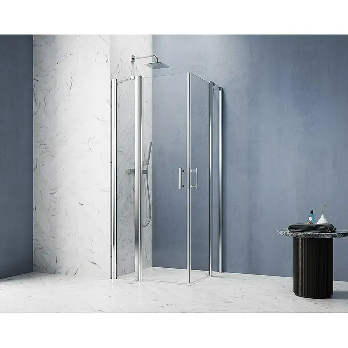 GEO Hit Pro Eckdusche B-PE200L x B x H: 80 x 80 x 202,2 cm, Beschichtet, Stärke: 6 mm, Chrom - Elegante Duschkabine mit klaren Glaswänden und Chromrahmen, die ein modernes und stilvolles Badezimmerdesign ergänzt.