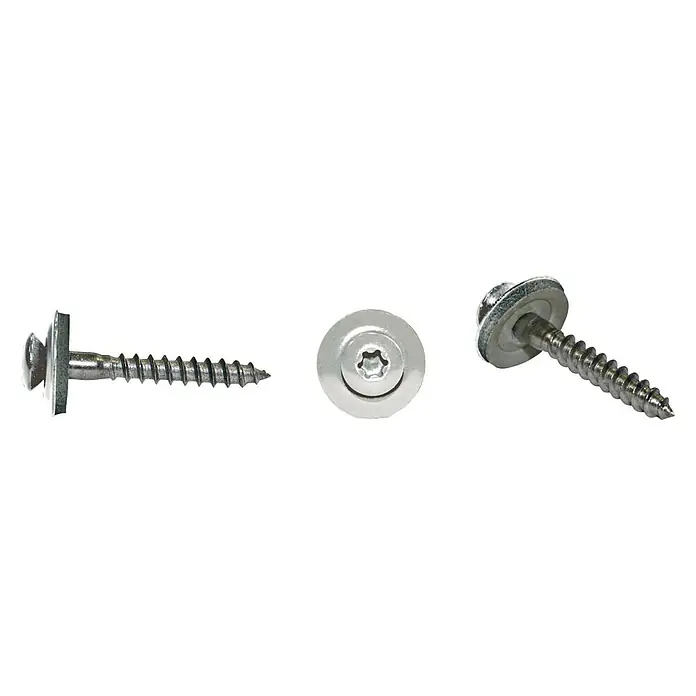 Sarei Spenglerschraube - Ø x L: 4,5 x 35 mm, Edelstahl, TX für TORX-Antriebe, 25 Stk. - Nahaufnahme von drei silbernen Metallschrauben mit Torx-Antrieb und Unterlegscheibe auf schwarzem Hintergrund.