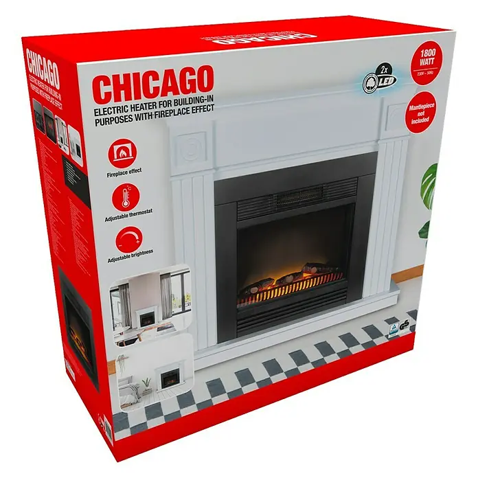 Chimenea eléctrica Da Vinci - 1.800 W, Negro, L x An x Al: 23 x 62 x 67 cm - Imagen del embalaje de la chimenea calefactora eléctrica Chicago con efecto llama, ideal para empotrar.